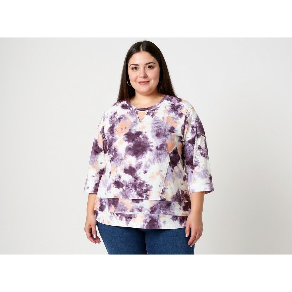 Live Well Tie Dye Sweatshirt Purple Peach 3/4 Sleeve Women L‎ cozy casual comfy